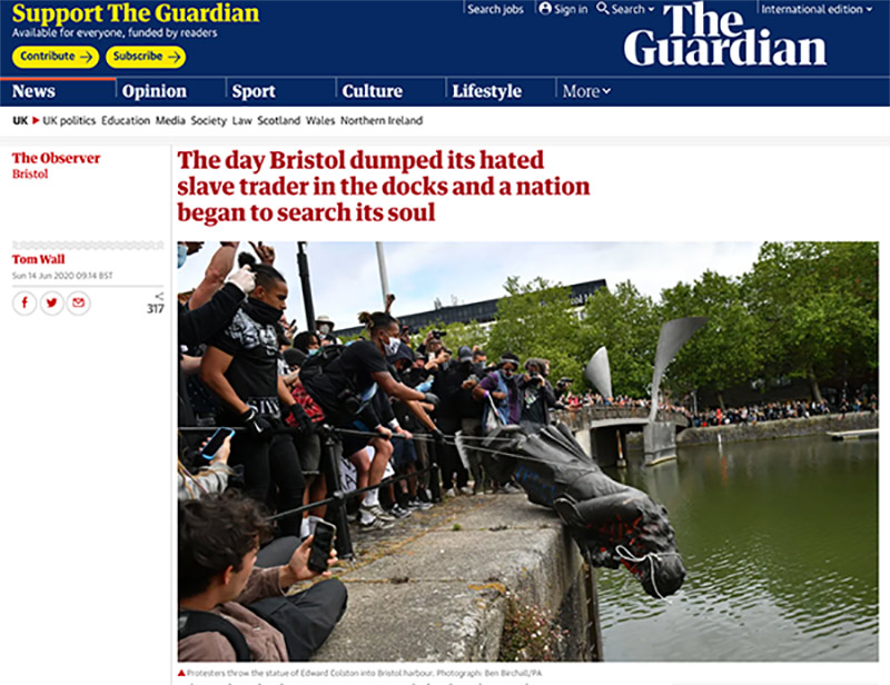 Site do jornal The Guardian noticia derrubada, em junho, da estátua de Edward Colston, comerciante inglês de escravos dos séculos 17 e 18, localizada em Bristol (imagem: reprodução)