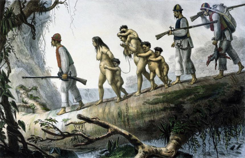 Soldados índios selvagens civilizados da província de Coritiba trazendo prisioneiros selvagens, Jean Baptiste Debret