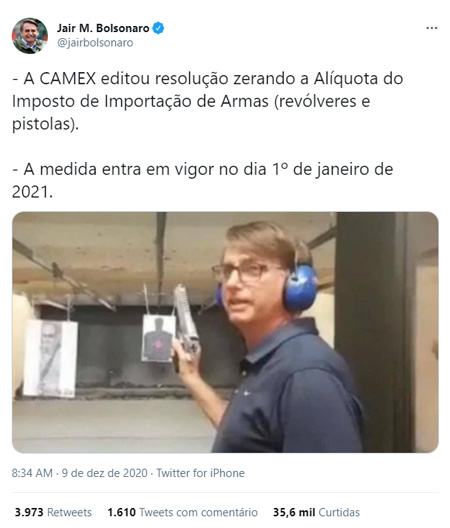 Presidente usa redes sociais para divulgar medida pró-armas (foto: Twitter/@jairbolsonaro)