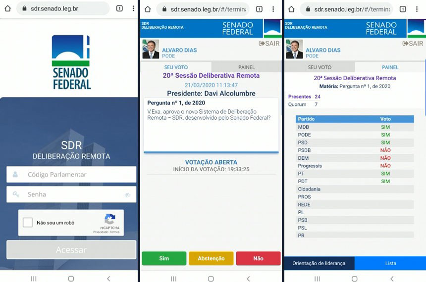 Exemplos de telas do aplicativo de deliberação remota desenvolvido pelo Senado