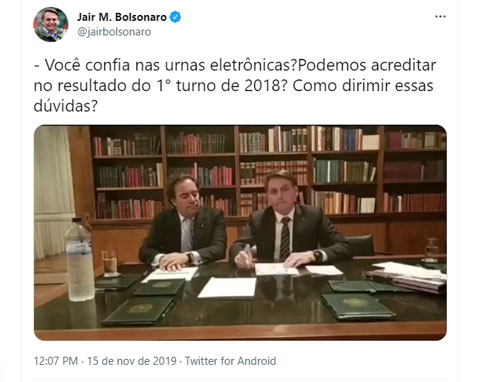 Em tuíte, Bolsonaro diz, sem apresentar provas, que eleição de 2018 foi fraudada e defende voto impresso (imagem: Reprodução/Twitter)