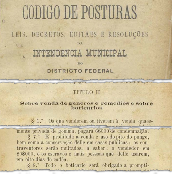 Recorte de uma compilação de leis e códigos de postura publicada em 1894 contendo a proibição da venda do "pito de pango", norma baixada em 1830 (foto: Reprodução)