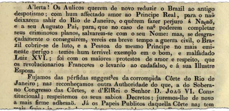 Trecho de panfleto produzido em abril de 1822, no Maranhão, pelo negociante João Rodrigues de Miranda. O panfleto defende a manutenção da união entre Brasil e Portugal (imagem: reprodução/Vozes do Brasil)