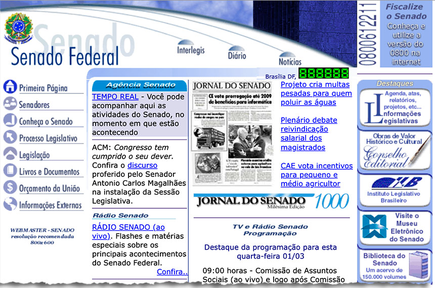Primórdios: site com notícias da Agência Senado no ano 2000 (imagem: reprodução)