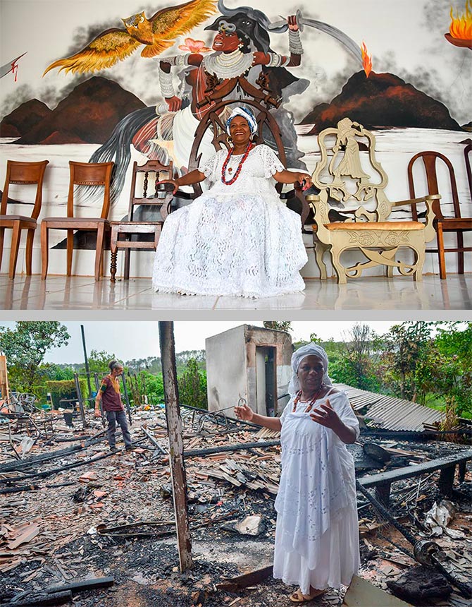 Em cima, a ialorixá Mãe Baiana hoje em seu terreiro, no Paranoá (DF); embaixo, ela no mesmo terreiro em 2015, destruído por um incêndio criminoso