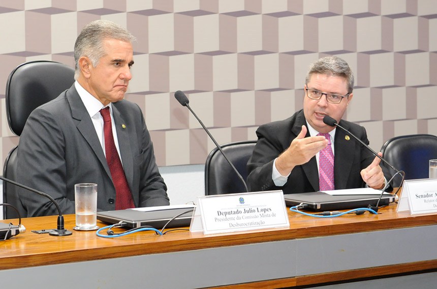 Deputado Julio Lopes (E), presidente da Comissão Mista de Desburocratização, e o relator, senador Antonio Anastasia 