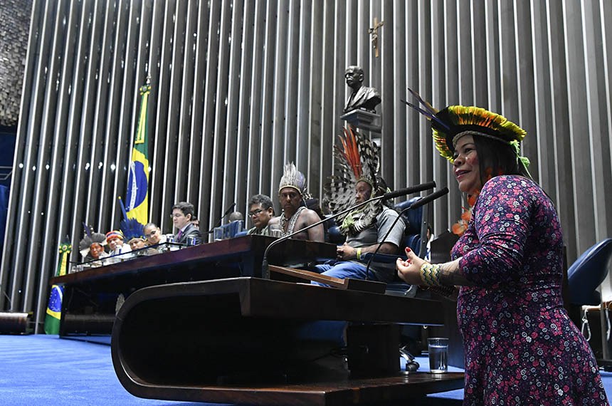 Em discurso, à tribuna, Simone Karipuna, representante da Articulação e Organização dos Povos Indígenas do Amapá e Norte do Pará (Apoianp)