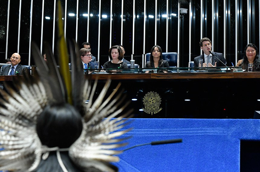 O ministro do Meio Ambiente, Ricardo Salles (ao microfone), rebateu as críticas de senadores e ambientalistas