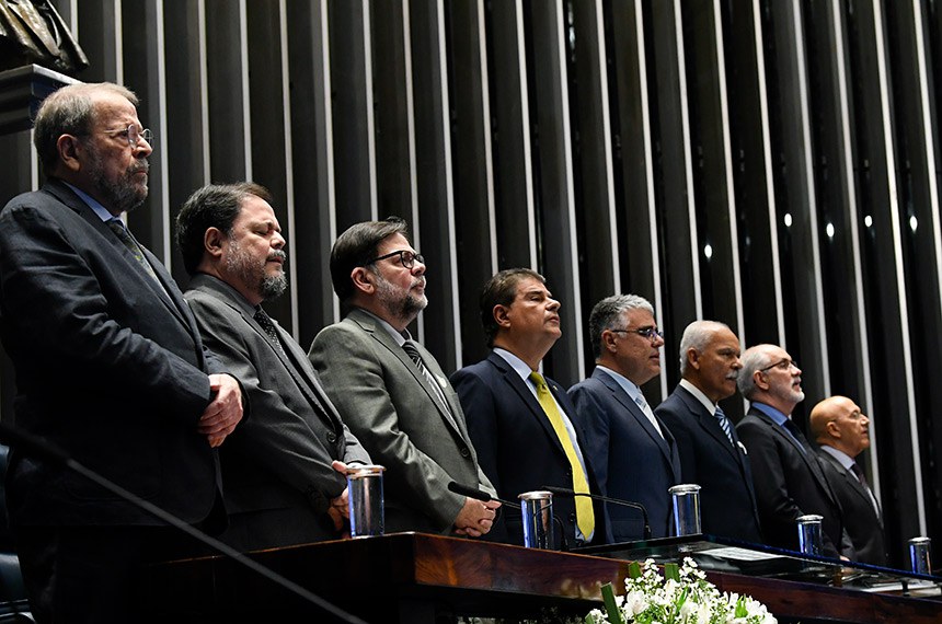 Senadores Nelsinho Trad e Eduardo Girão (ao centro) participaram da homenagem a Bezerra de Menezes em Plenário