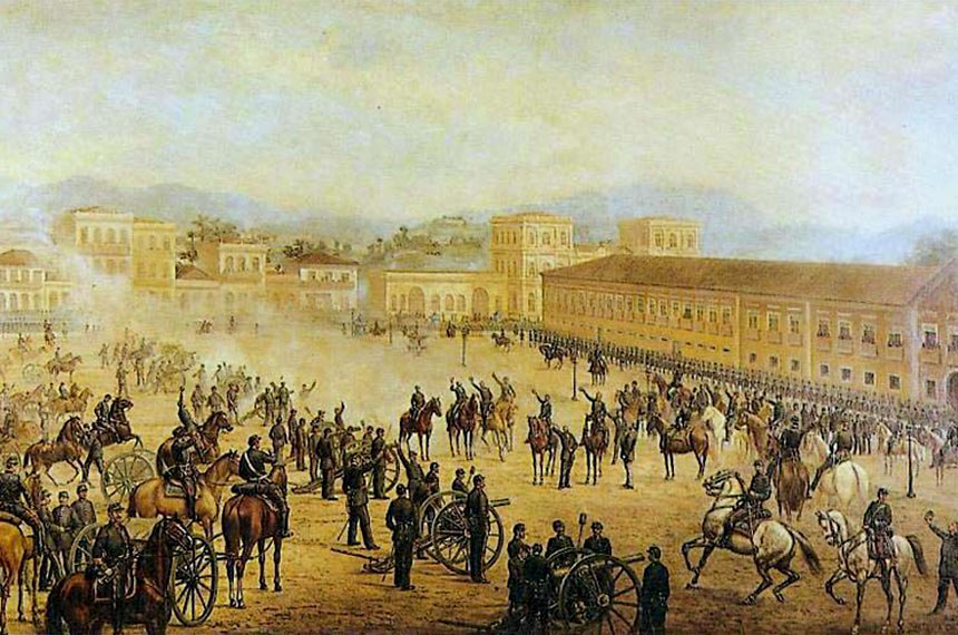 Pintura de Benedito Calixto retrata a Proclamação da República, em 15 de novembro de 1889, liderada pelo marechal Deodoro da Fonseca
