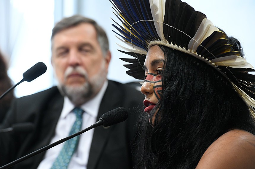 Observada pelo senador Flávio Arns, a indígena Clarice Alves Rezende fala em audiência pública sobre o Fundeb na Comissão de Educação
