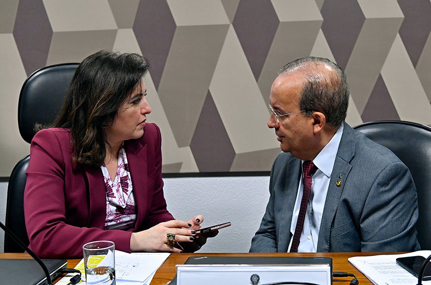 O autor, Jorginho Melo, conversa com a presidente da CCJ, Simone Tebet Geraldo Magela/Agência Senado  Fonte: Agência Senado