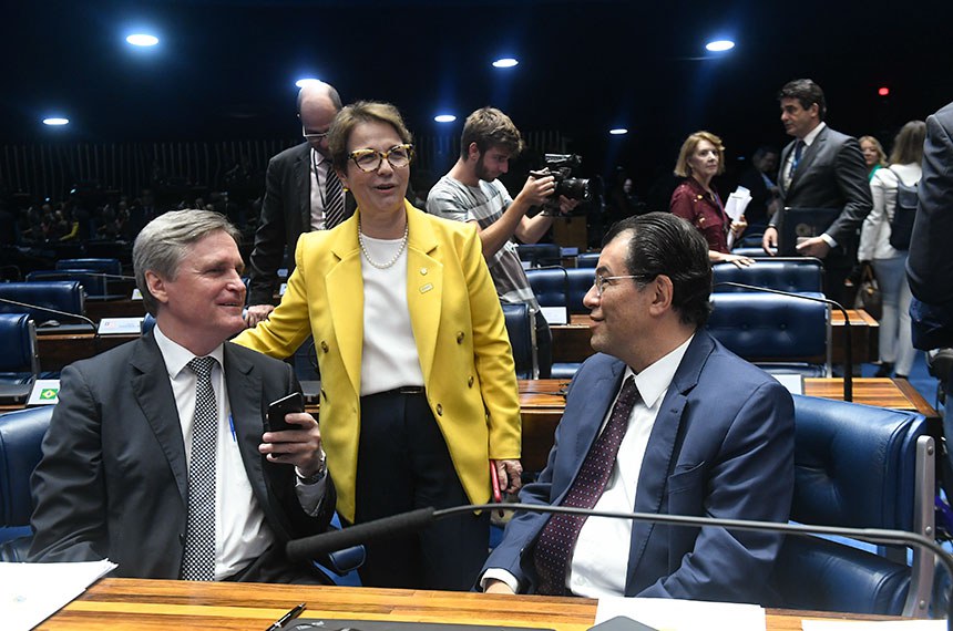 A ministra Tereza Cristina (com Dário Berger e Eduardo Braga) acompanhou a votação no Plenário