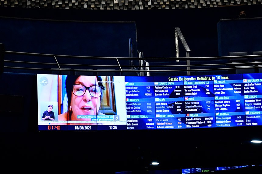 Plenário do Senado Federal durante sessão deliberativa ordinária semipresencial. Na ordem do dia quatro projetos de lei, entre eles o PL 5.595/2020 que reconhece a educação básica e a educação superior, em formato presencial, como serviços e atividades essenciais e estabelece diretrizes para o retorno seguro às aulas presenciais. Senadora Rose de Freitas (MDB-ES) em pronunciamento via videoconferência. Foto: Waldemir Barreto/Agência Senado