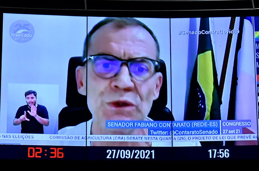 Plenário do Senado Federal durante sessão conjunta do Congresso Nacional (para senadores) destinada à deliberação dos Vetos nºs 4, 14, 18, 19, 20, 22 a 52 de 2021 e dos Projetos de Lei do Congresso Nacional n°s 12, 13 e 15 de 2021. Senador Fabiano Contarato (Rede-ES) em pronunciamento via videoconferência. Foto: Waldemir Barreto/Agência Senado