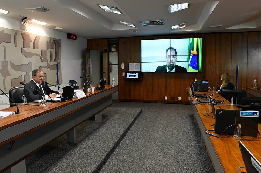 Izalci (E) preside audiência da Comissão Senado do Futuro com Danilo Dupas (no telão): exonerações às vésperas do exame preocupam senadores