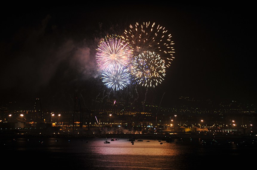 Fireworks in the bay of Malaga for the opening of the August fair