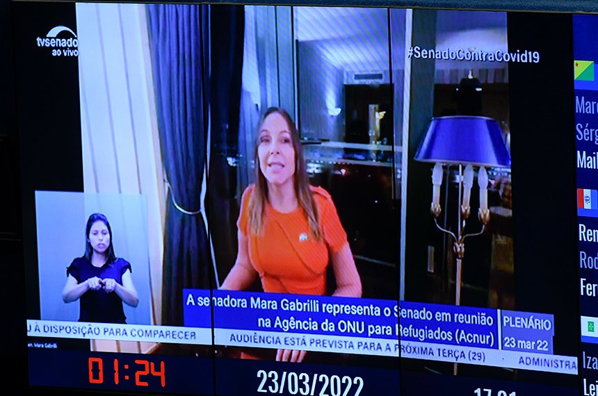 Plenário do Senado Federal durante sessão deliberativa ordinária semipresencial.   Na ordem do dia, o PL 4.287/2020, que inclui o Plano Nacional de Prevenção e Enfrentamento à Violência contra a Mulher como instrumento de implementação da Política Nacional de Segurança Pública e Defesa Social (PNSPDS). Os senadores analisam, também, o PL 1.518/2021, que Institui a Política Nacional Aldir Blanc de Fomento à Cultura.    Em pronunciamento via videoconferência, senadora Mara Gabrilli (PSDB-SP).  Foto: Jefferson Rudy/Agência Senado