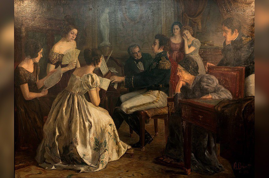 Quadro 'Primeiros Sons do Hino da Independência', de Auguste Bracet, retrata D. Pedro I compondo a melodia