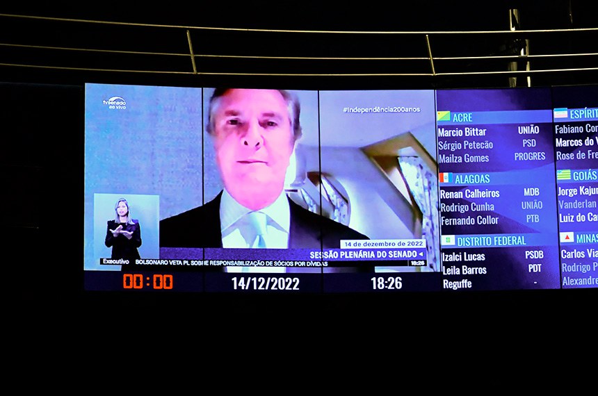 No painel, senador Fernando Collor (PTB-AL) em pronunciamento via videoconferência.