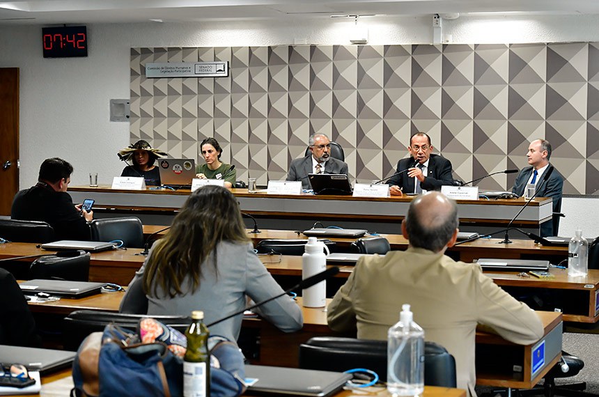 Mesa:
Do povo Guarani Kaiowá, professora e líder da comunidade Guyraroká na TI, Estado do Mato Grosso do Sul, Erileide Domingues;
coordenadora da Campanha de Agricultura do Greenpeace Brasil, Juliana Acosta Santorum;
presidente da CDH, senador Paulo Paim (PT-RS);
subprocurador-geral do Trabalho - coordenador do Fórum Nacional de Combate aos Impactos dos Agrotóxicos e Transgênicos do Ministério Público do Trabalho, Pedro Luiz Gonçalves Serafim da Silva;
representante da Fian Brasil, Adelar Cupsinski.