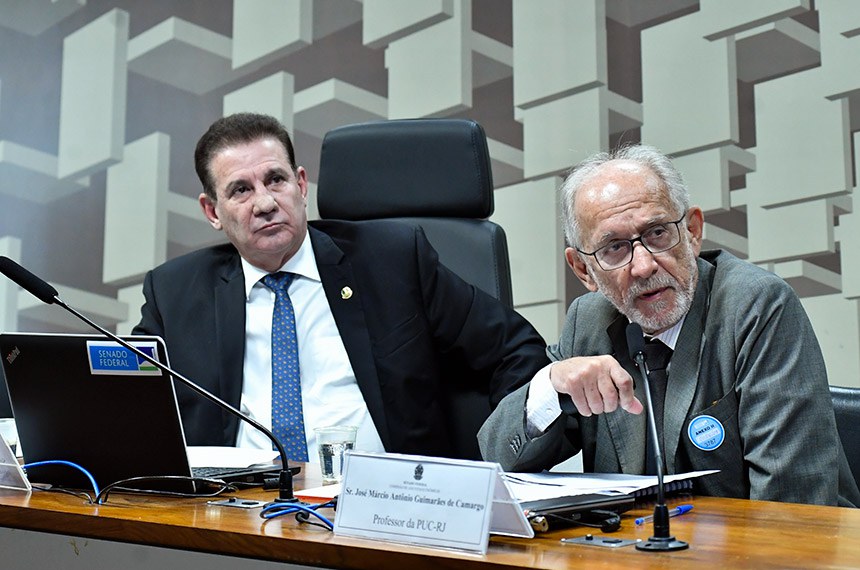 À mesa:
professor da Pontifícia Universidade Católica do Rio de Janeiro (PUC-RJ), José Márcio Antônio Guimarães de Camargo;
presidente da CAE, senador Vanderlan Cardoso (PSD-GO).