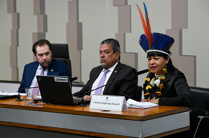 Luciene Kujãesage Kayabi na audiência, ao lado de Plínio Valério e Dr. Hiran - Foto: Roque de Sá/Agência Senado