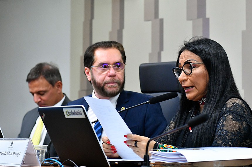 Mesa:
relator da CPIONGS, senador Marcio Bittar (União-AC);
presidente da CPIONGS, senador Plínio Valério (PSDB-AM);
deputada Silvia Waiãpi (PL-AP) - em pronunciamento.