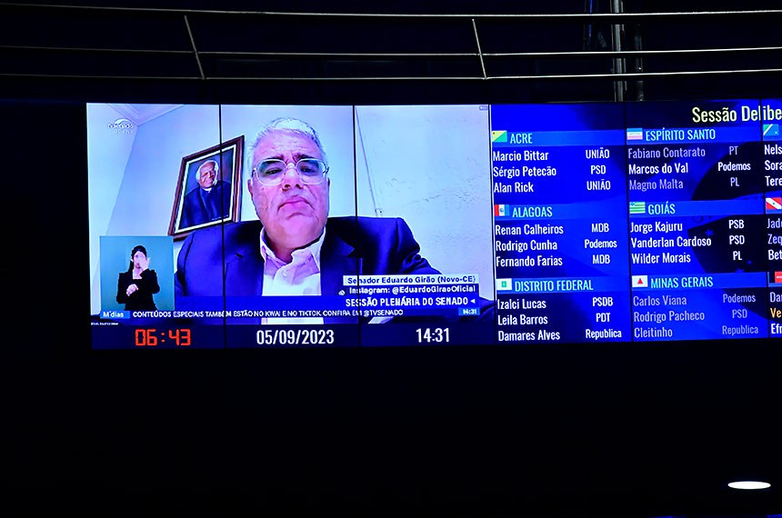 Painel exibe senador Eduardo Girão (Novo-CE) em pronunciamento via videoconferência. 