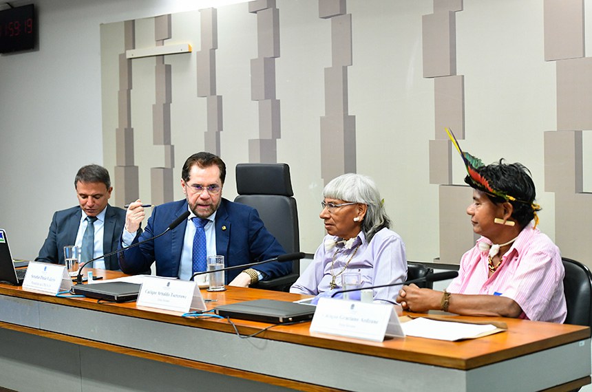 Mesa: 
relator da CPIONGS, senador Marcio Bittar (União-AC); 
presidente da CPIONGS, senador Plínio Valério (PSDB-AM); 
cacique etnia xavante, Arnaldo Tsererowe;
cacique etnia xavante, Graciano Aedzane Pronhopa.