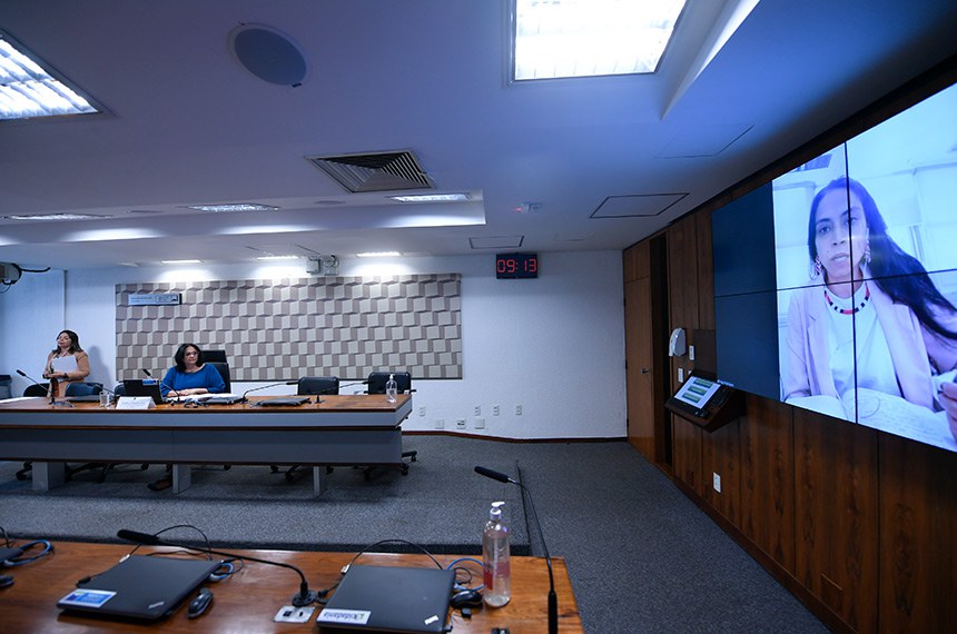 Na tela, coordenadora geral de Prevenção à Violência contra as Mulheres do Ministério das Mulheres, Pagu Rodrigues em pronunciamento via videoconferência.