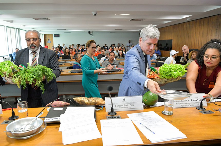Presidente da CDH, senador Paulo Paim (PT-RS), e o ministro de Estado do Desenvolvimento Agrário e Agricultura Familiar (MDA), Luiz Paulo Teixeira, posam para fotografia exibindo alimentos produzidos pelo Movimentos dos Pequenos Agricultores (MPA).