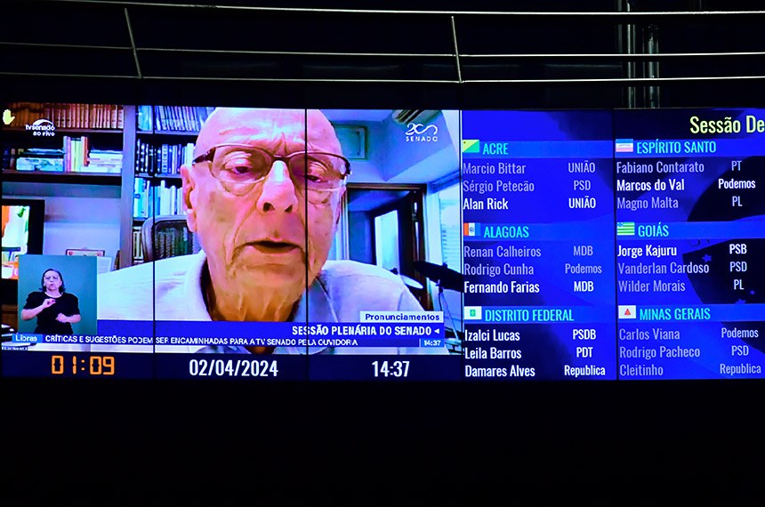 Painel exibe senador Esperidião Amin (PP-SC) em pronunciamento via videoconferência. 