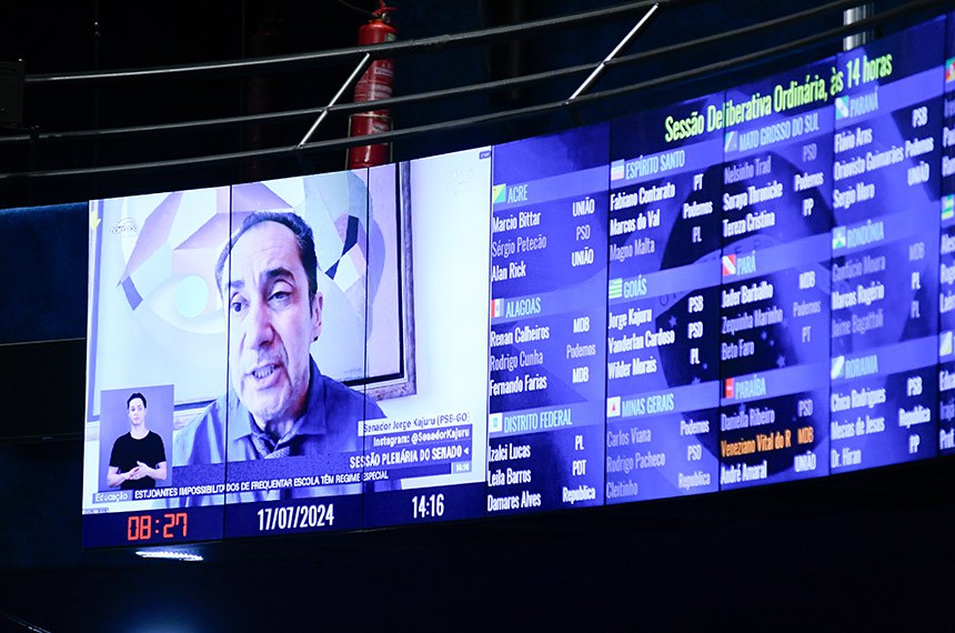 Painel exibe senador Jorge Kajuru (PSB-GO) em pronunciamento via videoconferência. 