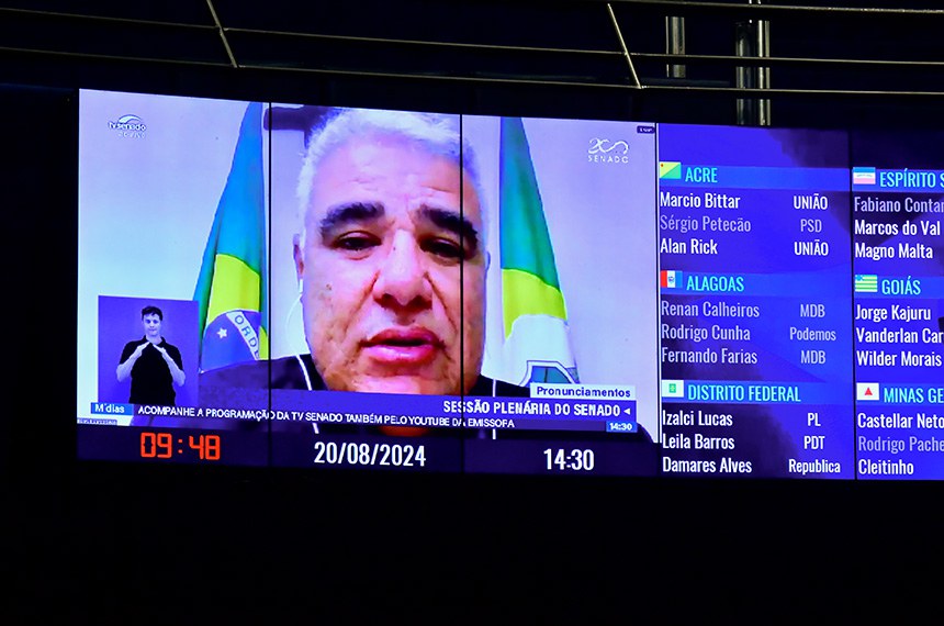 Painel exibe senador Eduardo Girão (Novo-CE) em pronunciamento via videoconferência. 