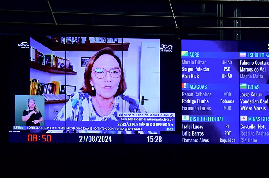 Em pronunciamento, via videoconferência, senadora Zenaide Maia (PSD-RN).