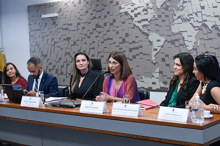 Mesa: 
coordenadora-geral de Participação Política das Mulheres em Espaço de Poder do Ministério das Mulheres, Andreza Silva Xavier;
defensor Público Geral Federal, Leonardo Cardoso de Magalhães;
presidente da CMCVM e requerente desta audiência pública, senadora Augusta Brito (PT-CE);
diretora-geral da Escola Superior do Ministério Público da União (ESMPU), Raquel Branquinho;
coordenadora do Observatório da Mulher Contra a Violência do Senado Federal, Maria Teresa Firmino Prado Mauro;
conselheira Federal e Presidente da Comissão Nacional da Mulher Advogada do Conselho Federal da OAB, Cristiane Damasceno.