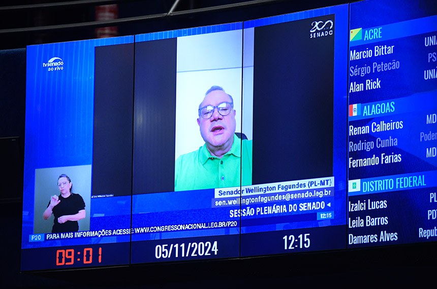 No painel, senador Wellington Fagundes (PL-MT) em pronunciamento via videoconferência.