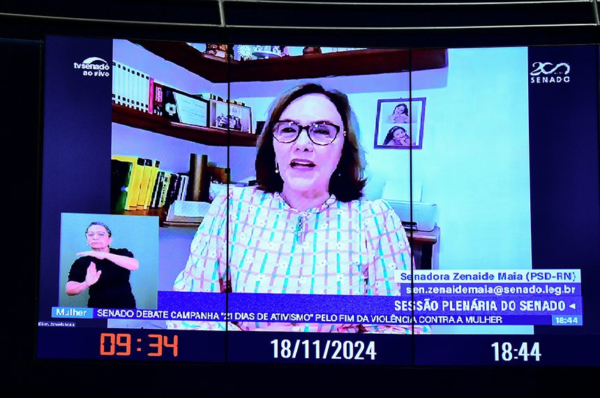 Em pronunciamento, via videoconfeência, senadora Zenaide Maia (PSD-RN).