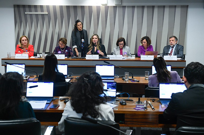Mesa: 
diretora da Secretaria de Transparência do Senado Federal, Elga Mara Teixeira Lopes; 
senadora Jussara Lima (PSD-PI); 
presidente da CMCVM, senadora Augusta Brito (PT-CE) - em pronunciamento; 
secretária de Comunidades Brasileiras no Exterior e Assuntos Consulares e Jurídicos do Ministério das Relações Exteriores (MRE), embaixadora Márcia Loureiro; 
alta representante para Temas de Gênero do Ministério das Relações Exteriores (MRE), embaixadora Vanessa Dolce de Faria; 
presidente da Comissão de Educação e Cultura (CE) do Senado Federal, senador Flávio Arns (PSB-PR).