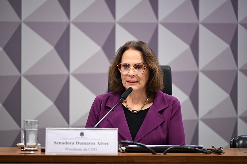 À mesa, presidente da CDH, senadora Damares Alves (Republicanos-DF), conduz audiência.