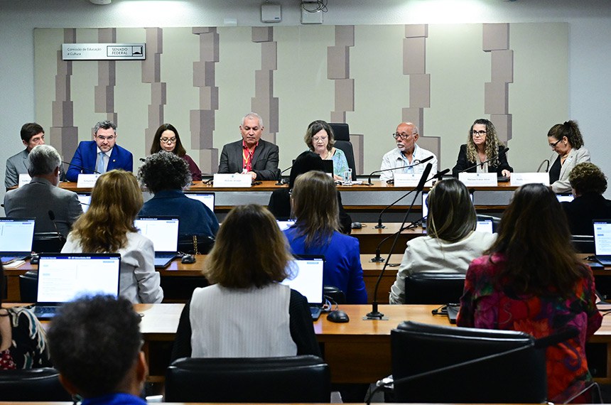 Mesa: 
juiz de Trabalho do Tribunal Regional do Trabalho da 15ª Região (TRT-15) e conselheiro nacional de Justiça (CNJ), Guilherme Guimarães Feliciano;
secretário de Articulação Intersetorial e com os Sistemas de Ensino do Ministério da Educação, Gregório Durlo Grisa, em pronunciamento; 
presidenta da Coordenação de Aperfeiçoamento de Pessoal de Nível Superior (CAPES), Denise Pires de Carvalho;
coordenador do Fórum Nacional de Educação (FNE) e vice-presidente mundial da Internacional da Educação, Heleno Araújo;
presidente da CE, senadora Teresa Leitão (PT-PE), conduz audiência; 
1º coordenador-geral do Fórum Nacional de Educação (FNE), Francisco das Chagas Fernandes; 
vice-coordenadora do Fórum Nacional de Educação (FNE) e presidente da Associação Nacional de Pós-Graduação e Pesquisa em Educação (ANPEd), Miriam Fábia Alves; 
diretora de Cooperação Institucional, Internacional e Inovação do Conselho Nacional de Desenvolvimento Científico e Tecnológico (CNPq), Dalila Andrade Oliveira.