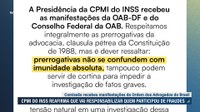 CPMI do INSS responde a manifestação da OAB sobre prerrogativas de advogados