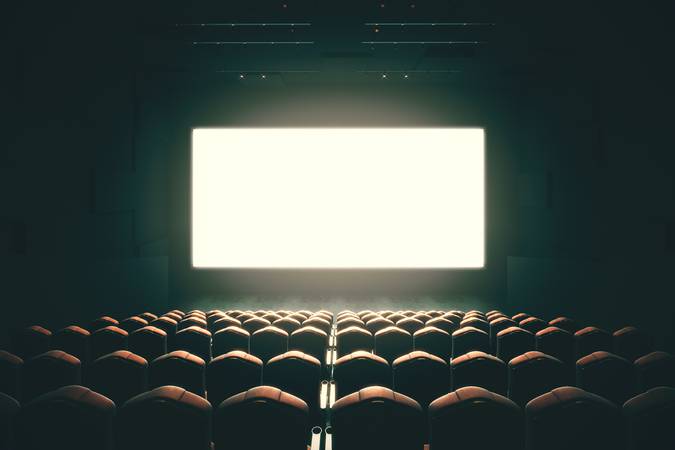 Front view of cinema with blank screen. Toned image. Mock up, Ad concept, 3D Rendering