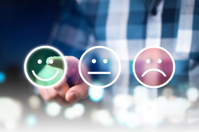 Business man giving rating and review with happy, neutral or sad face icons. Customer satisfaction and service quality survey. Modern abstract feedback concept.
