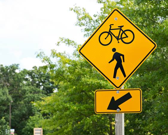 Bike and walking trail yellow traffic sign