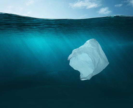 Plastic bag in the ocean with copy space