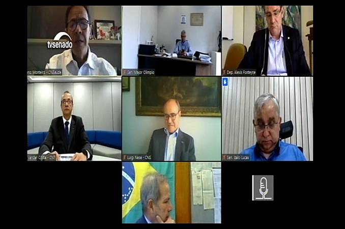 Reprodução da Comissão de Reforma Tributária, transmitida pela TV Senado. A imagem mostra uma geral da tela da TV com as participantes em videoconferência.