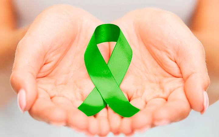 Mãos espalmadas segurando laço verde, símbolo da doação de órgãos.