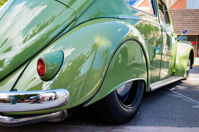 Miami, FL USA - February 12, 2017: Close up view from the rear end of a vintage Volkswagen Beetle automobile at a public VW show held in downtown South Miami.